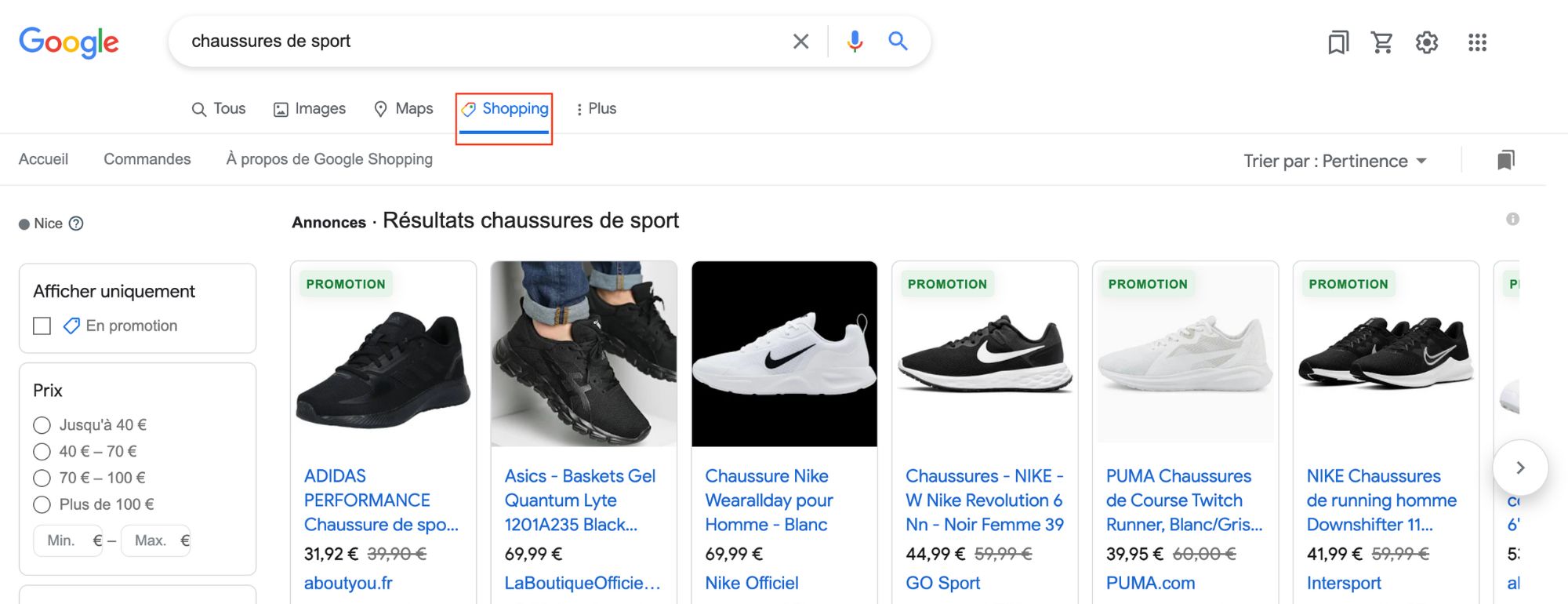 onglet annonce google shopping