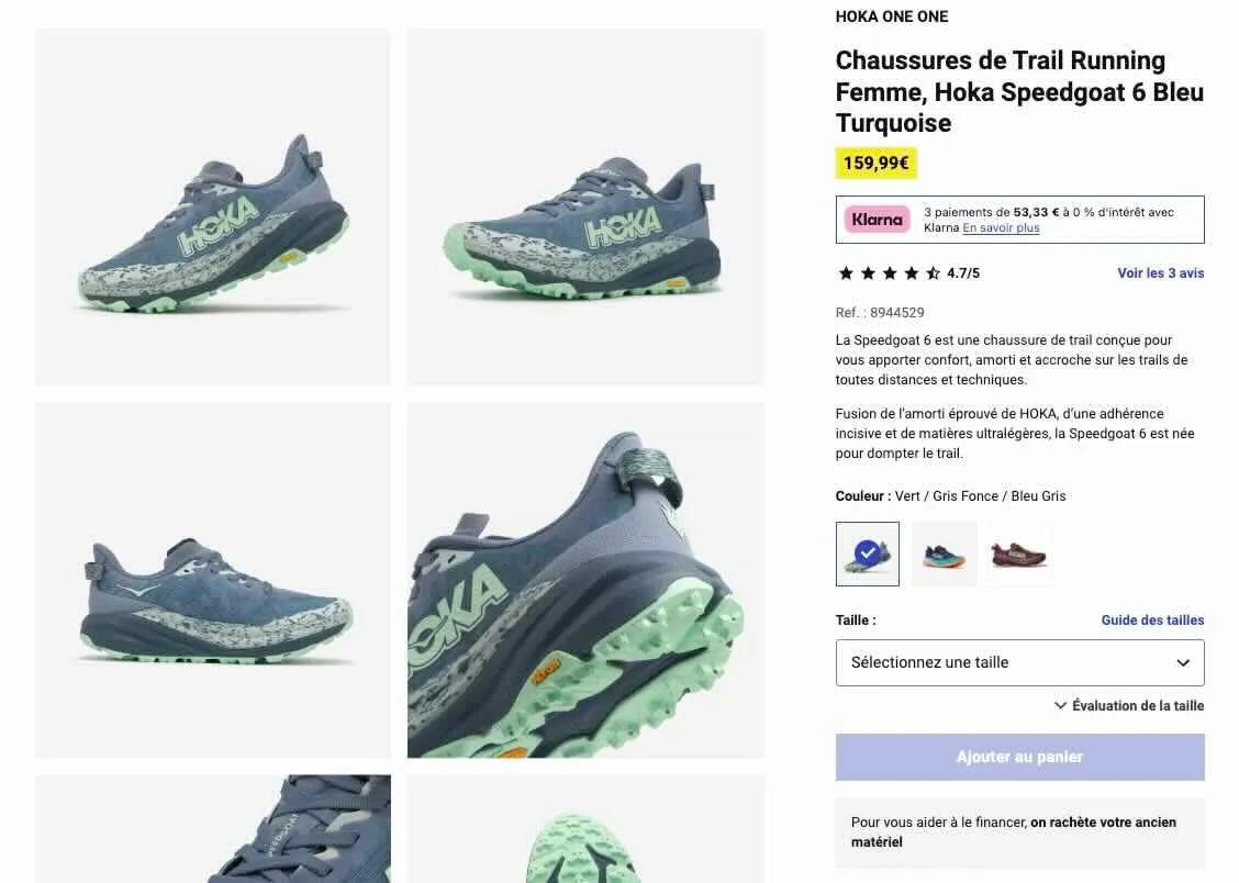Exemple d'une fiche produit sur le site Décathlon