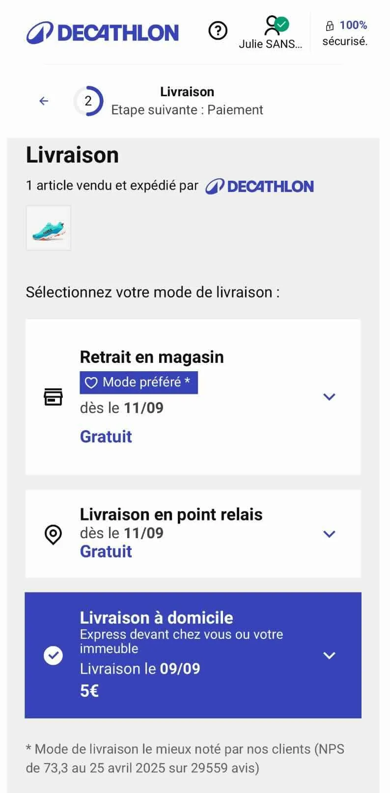 Choix du mode de livraison sur le site Décathlon