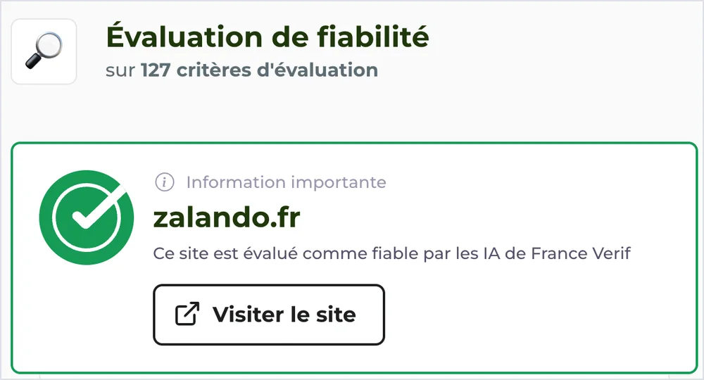 Résultat de FranceVerif pour zalando.fr, évalué comme fiable