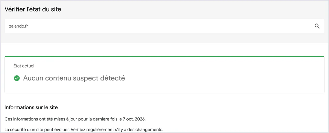Google Transparency Report, aucun contenu suspect détecté sur zalando.fr