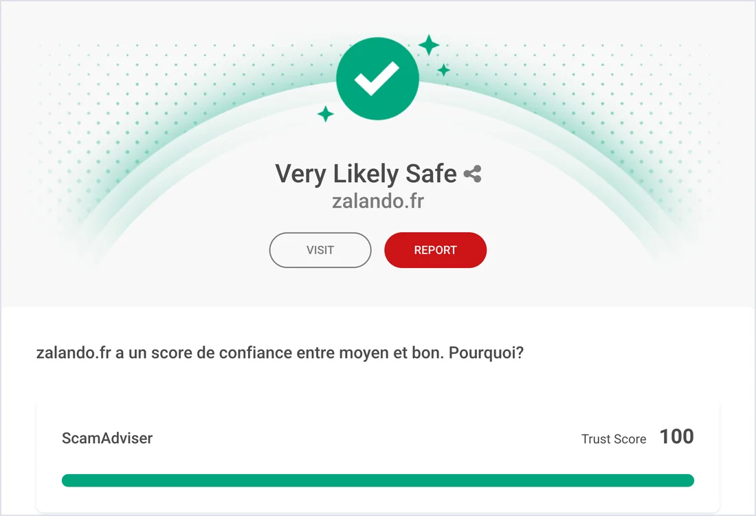 Score de confiance ScamAdviser de 100 pour zalando.fr