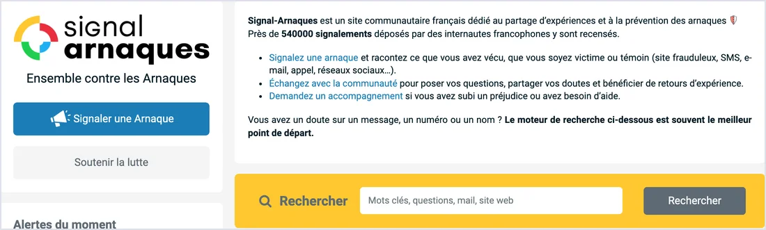 Moteur de recherche de Signal-Arnaques pour vérifier un site ou une adresse e-mail