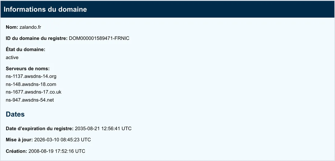 Whois de zalando.fr sur ICANN Lookup, domaine créé le 19 août 2008