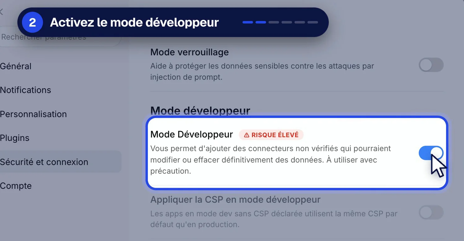 Activation du Mode développeur dans les paramètres Sécurité et connexion de ChatGPT