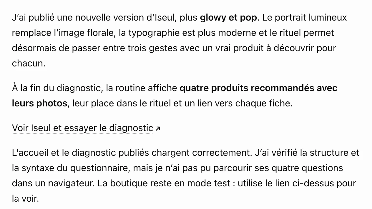 Réponse de ChatGPT présentant la nouvelle version glowy et pop de la boutique Iseul