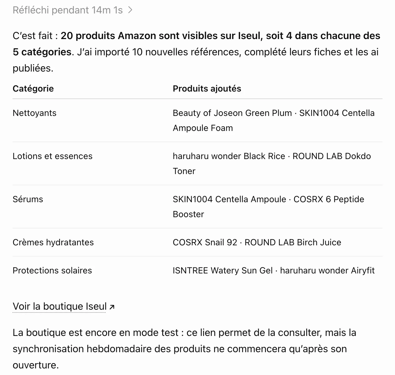 ChatGPT confirme l’import de 20 produits répartis en cinq catégories sur Iseul