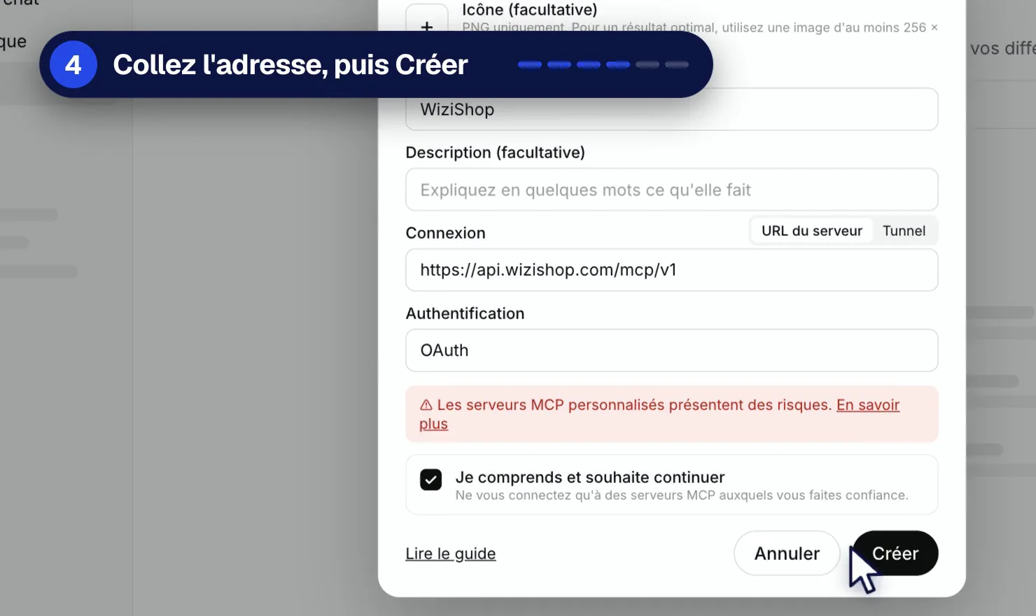 Formulaire Nouveau plugin de ChatGPT rempli avec le nom WiziShop et l’adresse du connecteur
