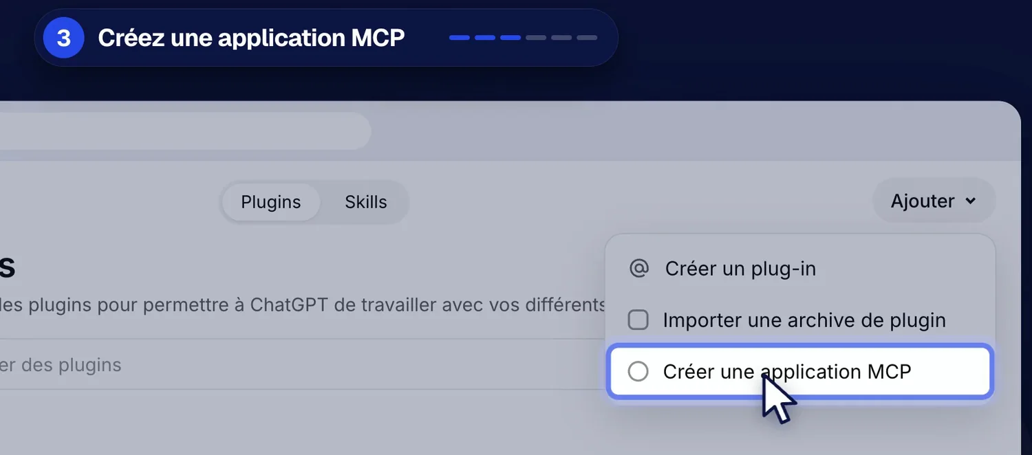 Menu Ajouter de la page Plugins de ChatGPT avec l’option Créer une application MCP