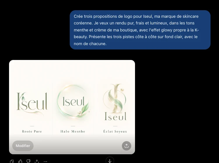 Trois propositions de logo pour Iseul générées par ChatGPT, Rosée Pure, Halo Menthe et Éclat Soyeux