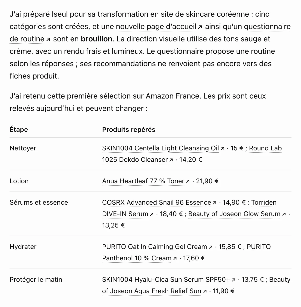 Sélection de soins coréens proposée par ChatGPT pour Iseul, classée par étape de la routine