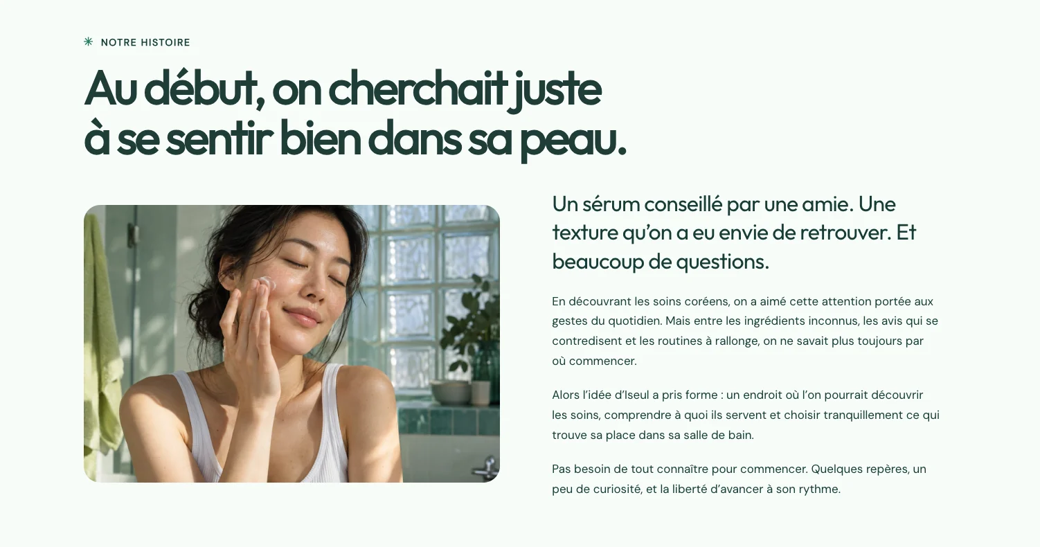 Section Notre histoire de la page À propos d’Iseul, qui raconte la naissance de la boutique