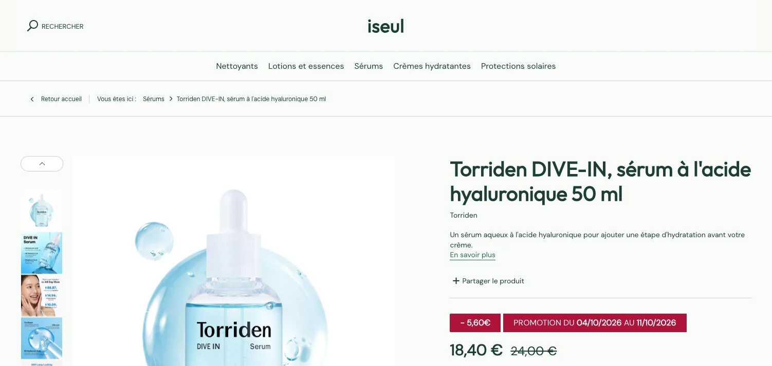 Fiche produit d’un sérum coréen sur la boutique Iseul
