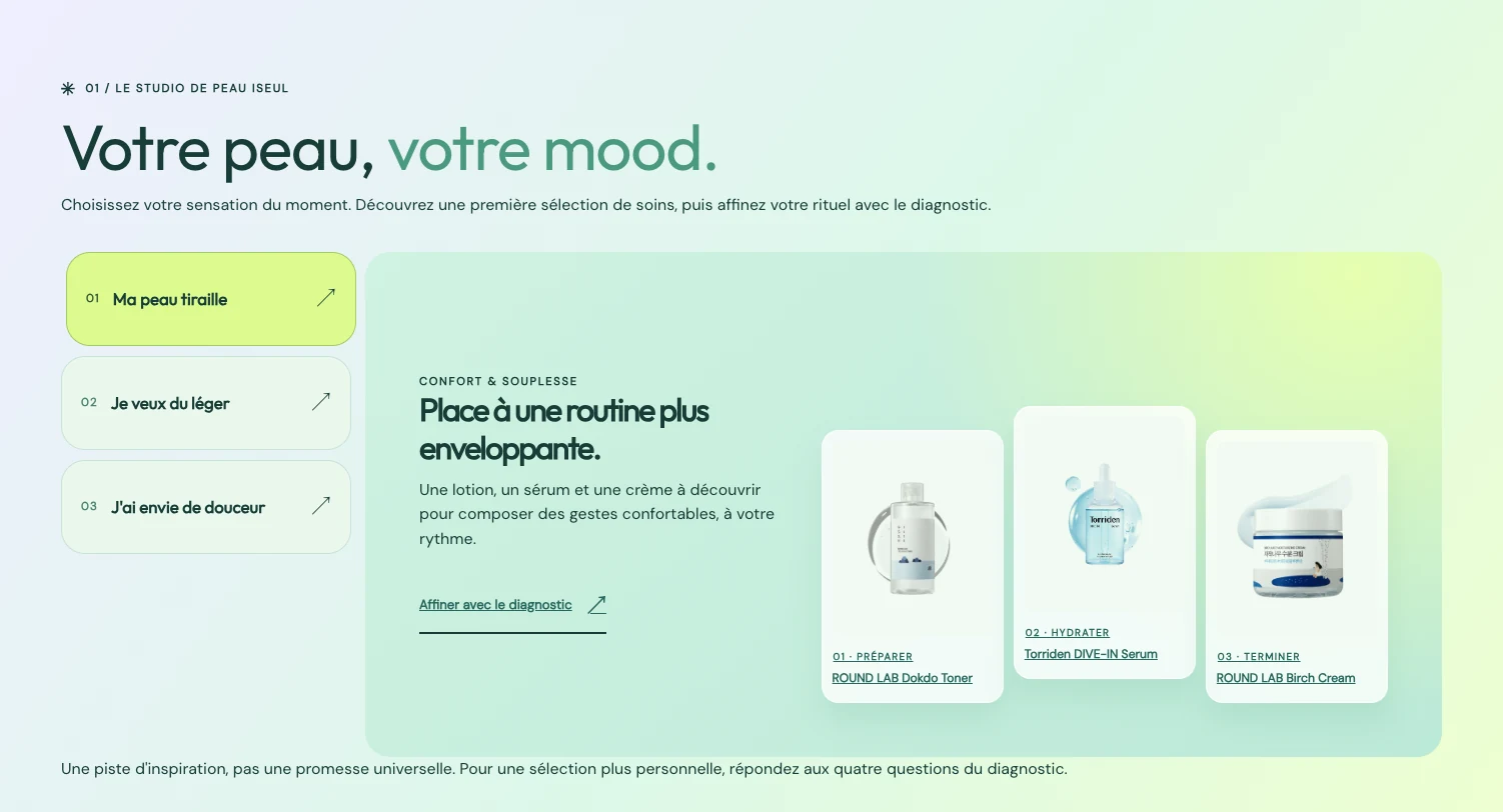 Studio de peau interactif de la page d’accueil d’Iseul, avec une routine proposée selon la sensation du moment