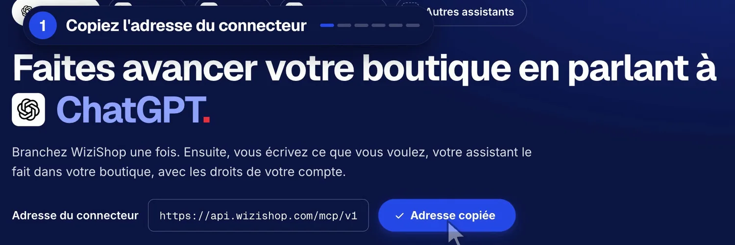 Page IA de l’administration WiziShop avec l’adresse du connecteur à copier pour ChatGPT