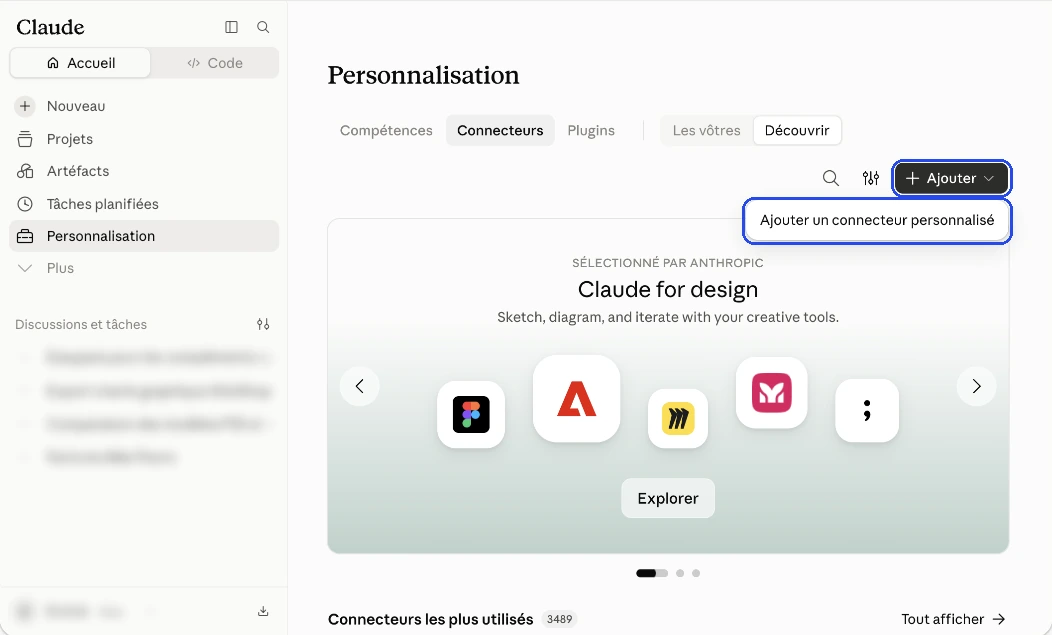Menu Ajouter de Claude avec l’option Ajouter un connecteur personnalisé