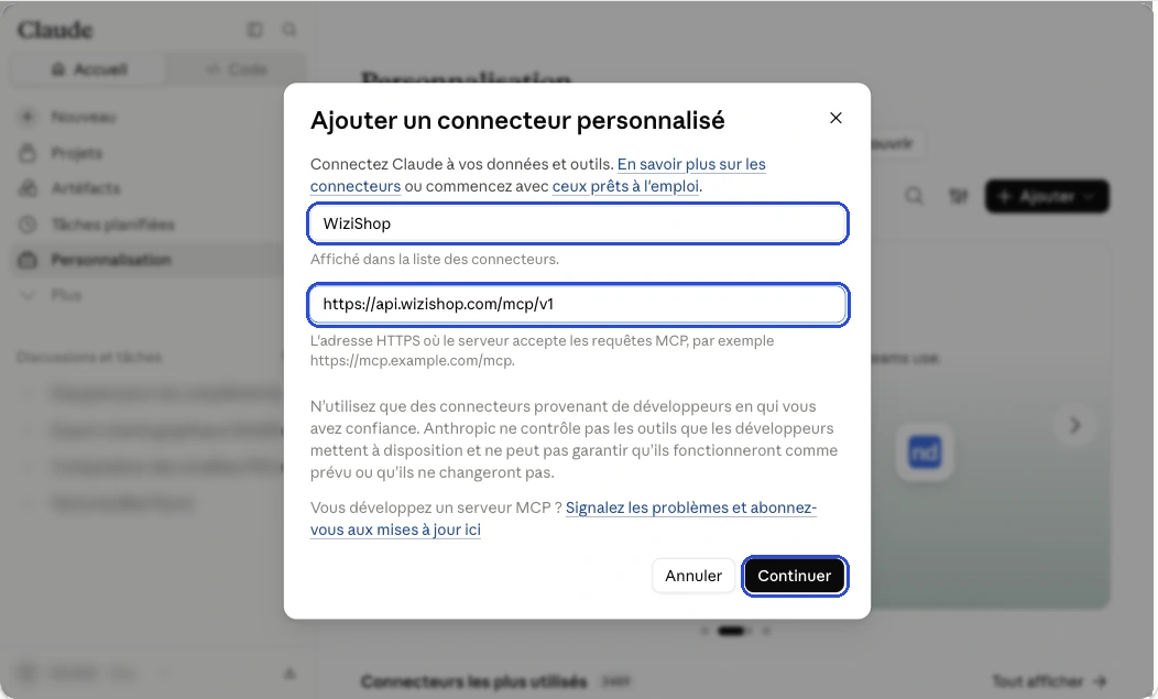 Ajout du connecteur WiziShop dans Claude avec l’adresse du serveur MCP