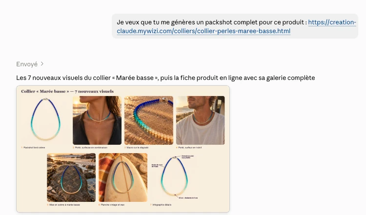 Les sept visuels du collier Marée basse générés par le MCP WiziShop