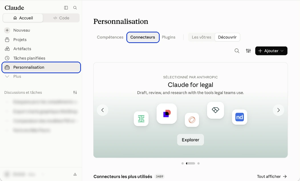 Page Personnalisation de Claude, onglet Connecteurs