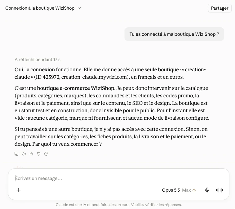 Première question à Claude pour vérifier la connexion à la boutique WiziShop