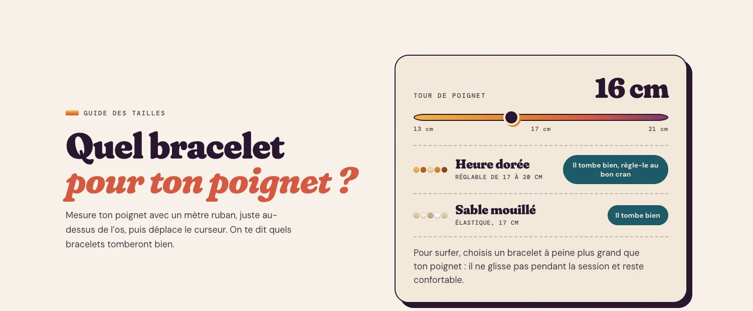 Guide des tailles interactif de la page d’accueil d’Estran pour choisir son bracelet