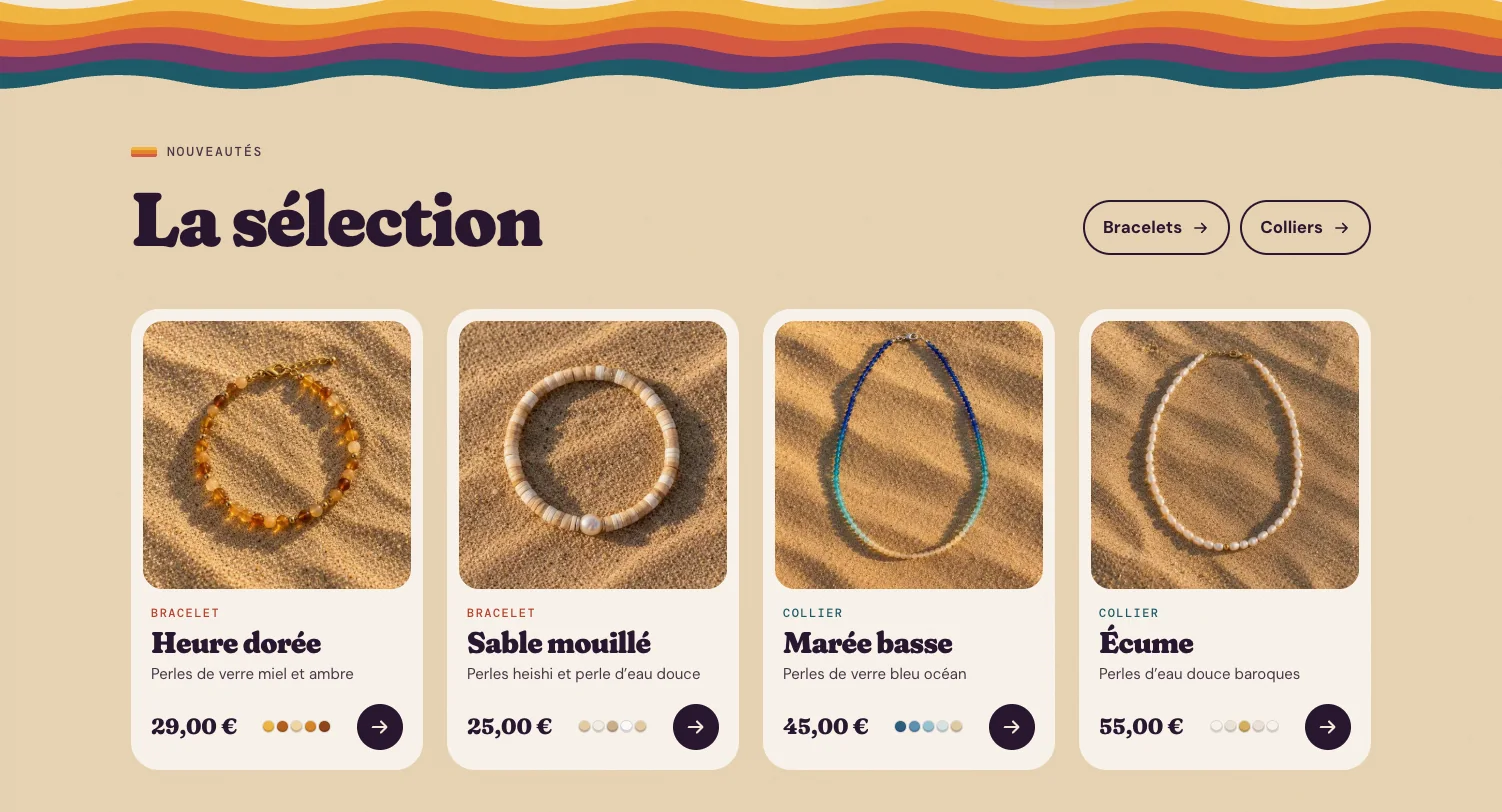 Section La sélection de la page d’accueil d’Estran, avec quatre bijoux et leurs prix