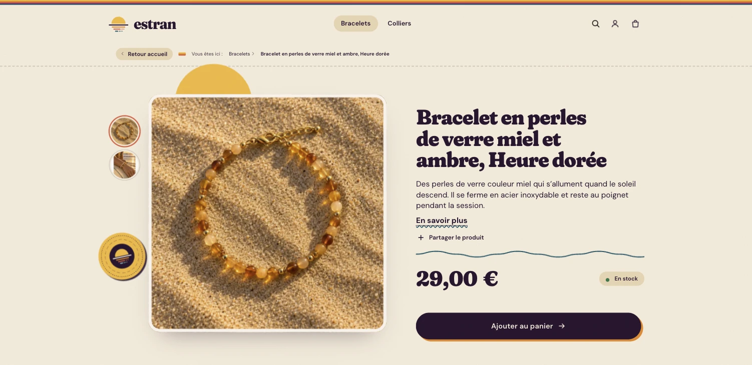 Fiche produit du bracelet Heure dorée sur la boutique Estran