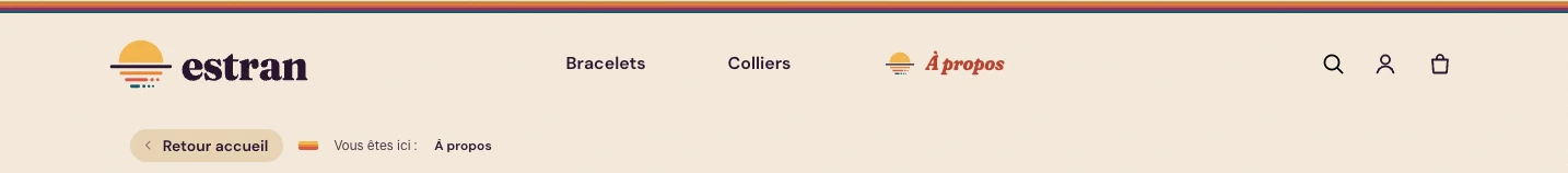 Menu de la boutique Estran avec le lien À propos mis en avant
