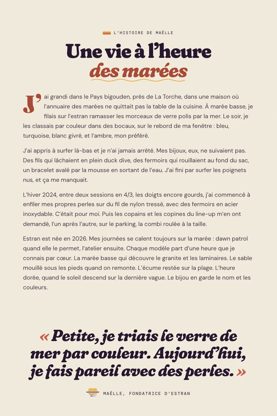 Récit de la fondatrice sur la page À propos d’Estran