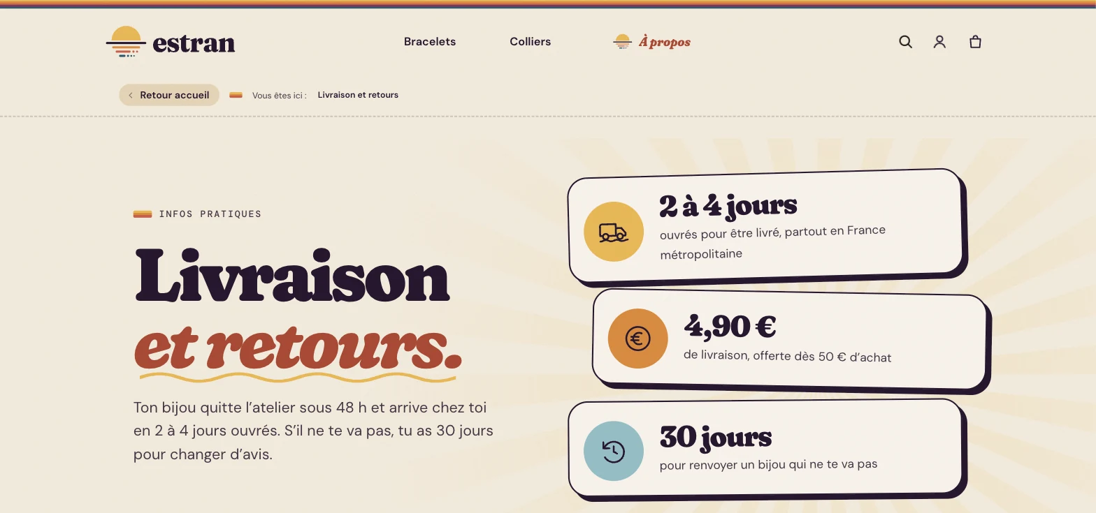 Page Livraison et retours d’Estran avec les délais, les frais et le délai de retour