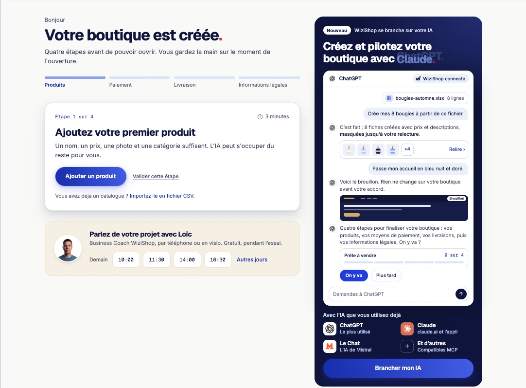 Accueil de l’administration WiziShop avec l’encart pour brancher votre IA sur votre boutique