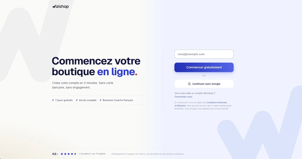 Page d’inscription de WiziShop pour démarrer l’essai gratuit de 7 jours