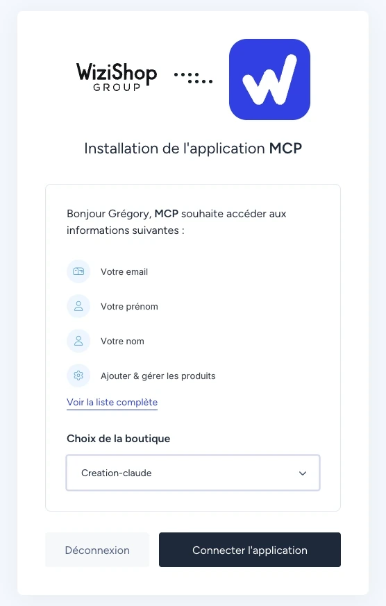 Autorisation de l’application MCP WiziShop et choix de la boutique