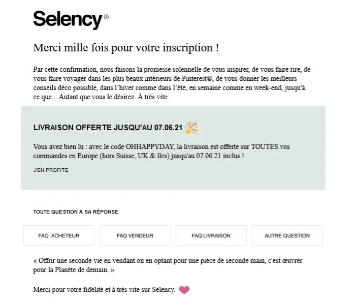 E-mail de confirmation d’inscription à la newsletter de Selency avec un code de livraison offerte
