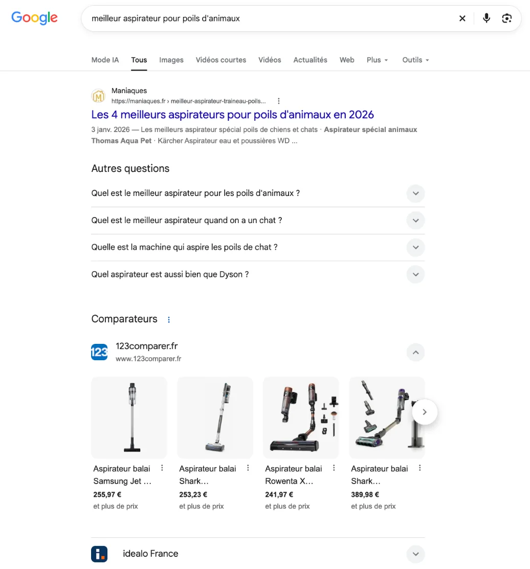 Résultats Google pour la recherche meilleur aspirateur pour poils d’animaux, avec un article de test, des questions d’internautes et des comparateurs de prix