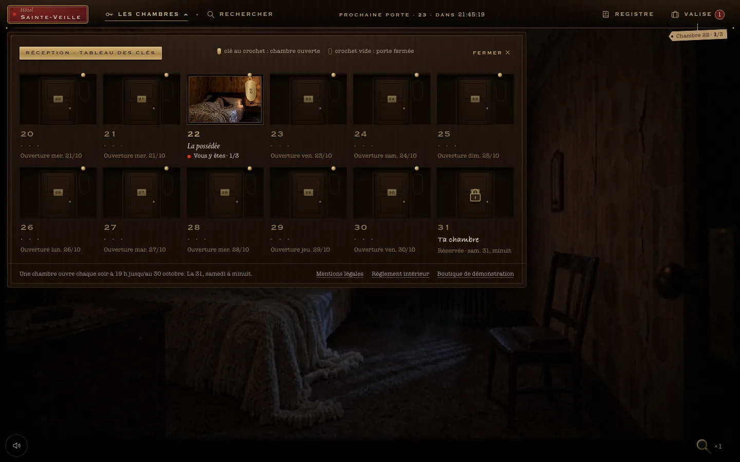 Le menu des chambres, en tableau des clés de la réception