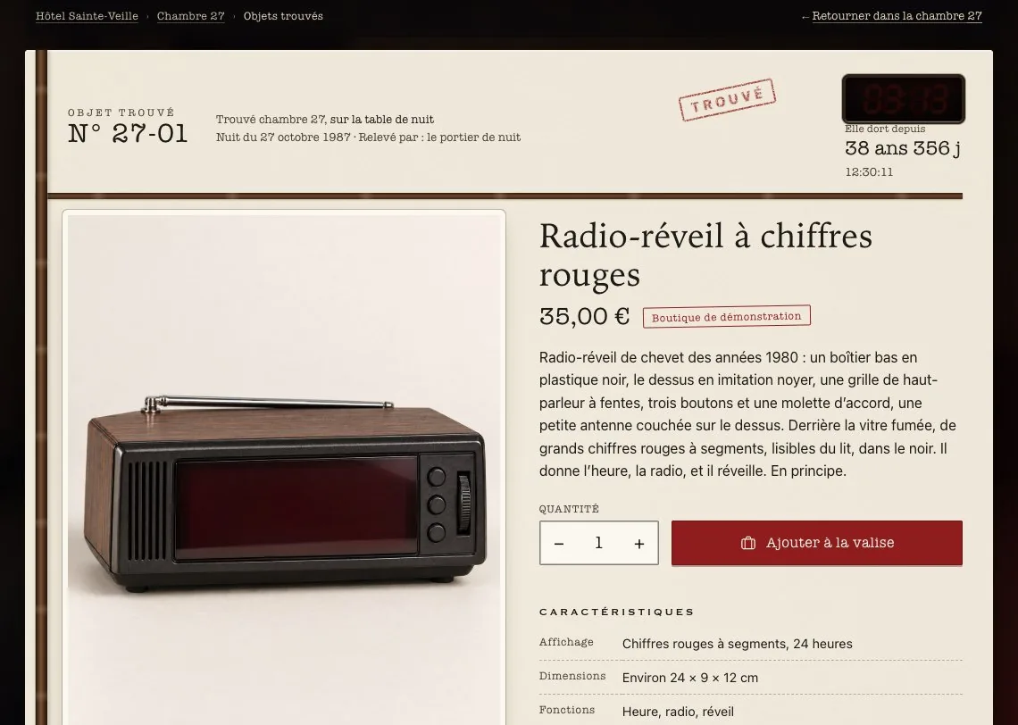La fiche produit du radio-réveil de la chambre 27