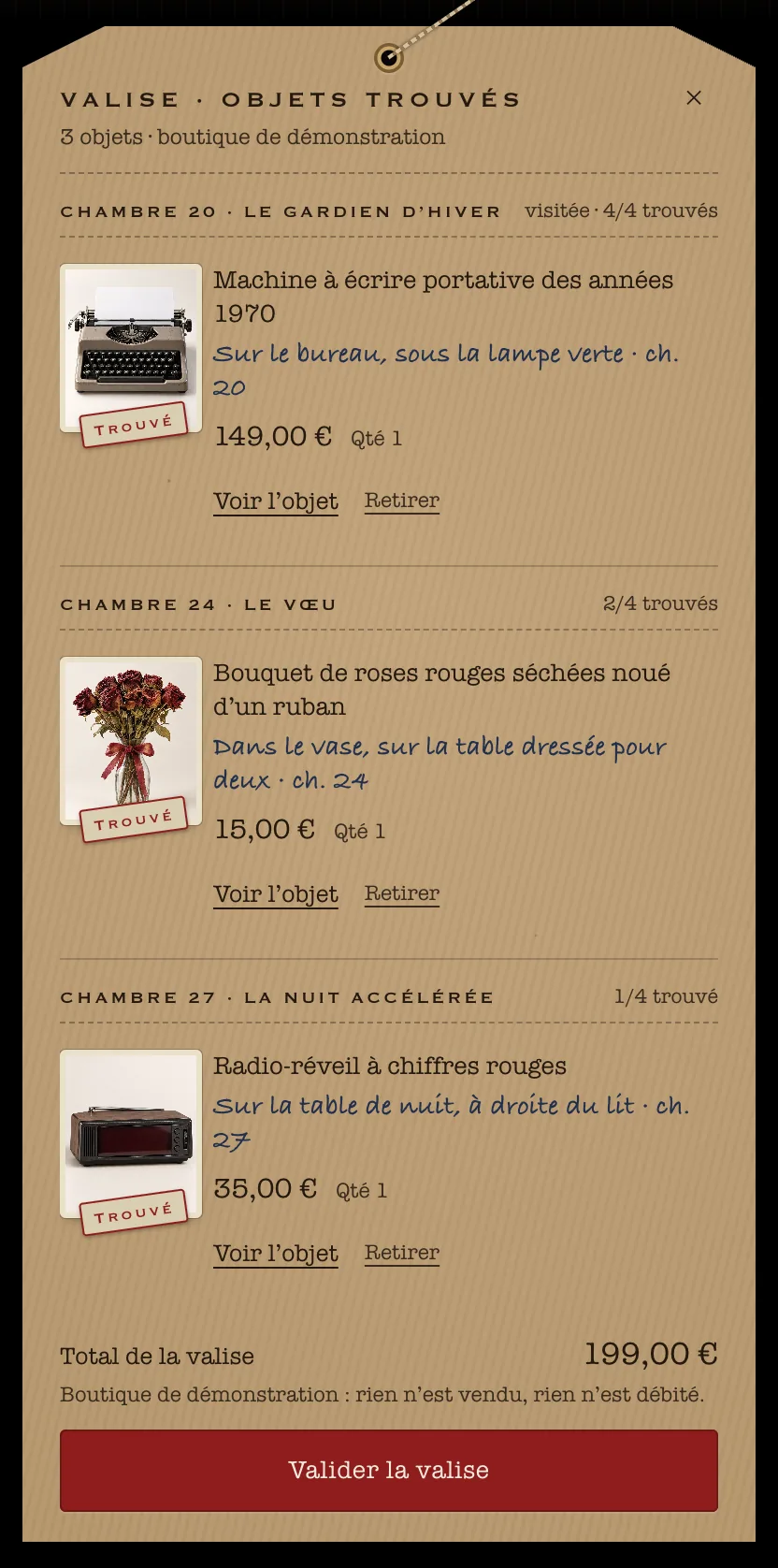 La valise ouverte, première étape du panier