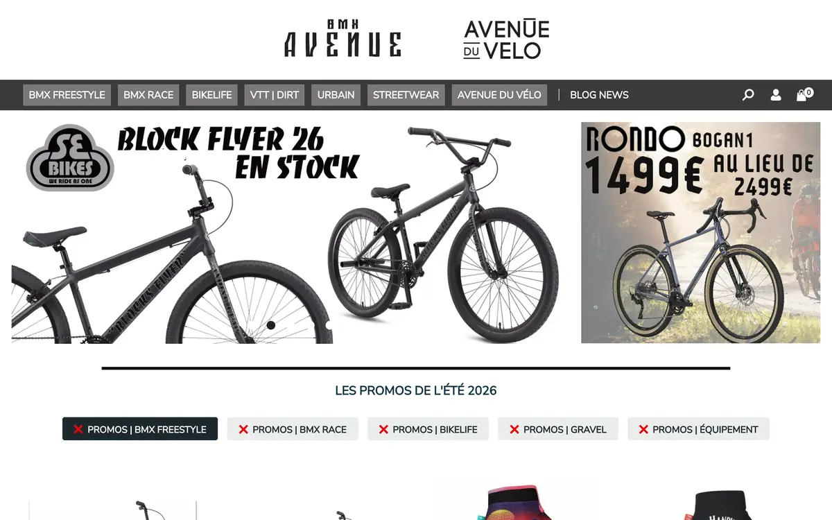 Page d'accueil de la boutique BMX Avenue