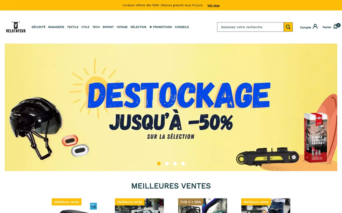 Page d'accueil de la boutique Velotafeur